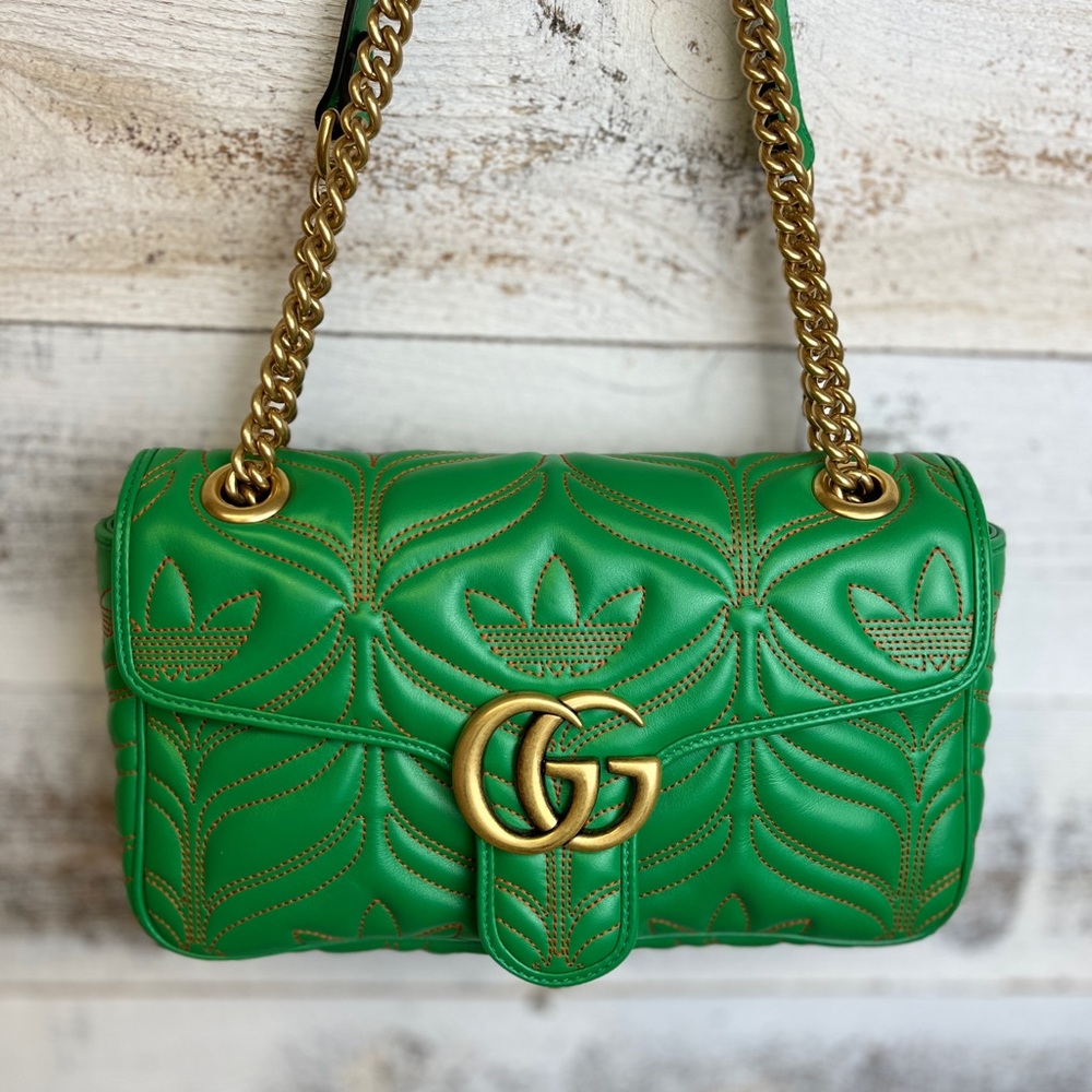 GUCCI x Adidas Green Marmont Purse Bag 443497 Leather Logo Gold Chain GG RARE - Picture 4 of 16